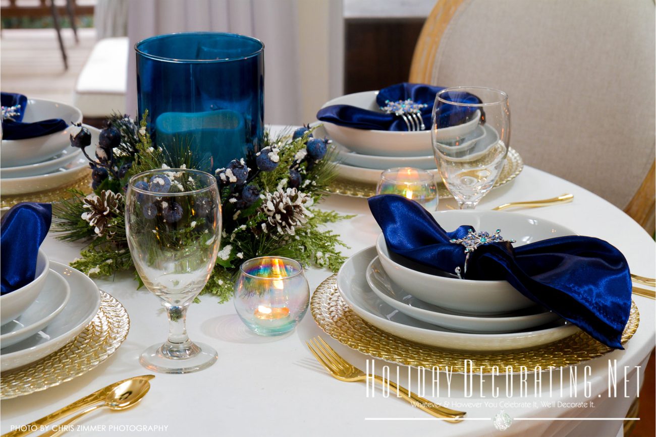 Navy Dining Room Table Settings Decorated For Christmas