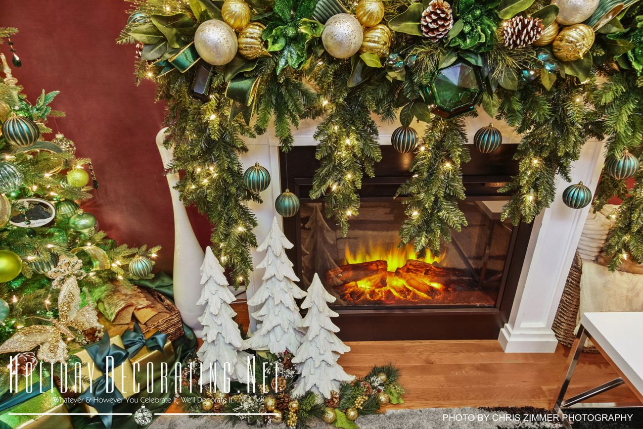 Fireplace Decorated In Green For Christmas