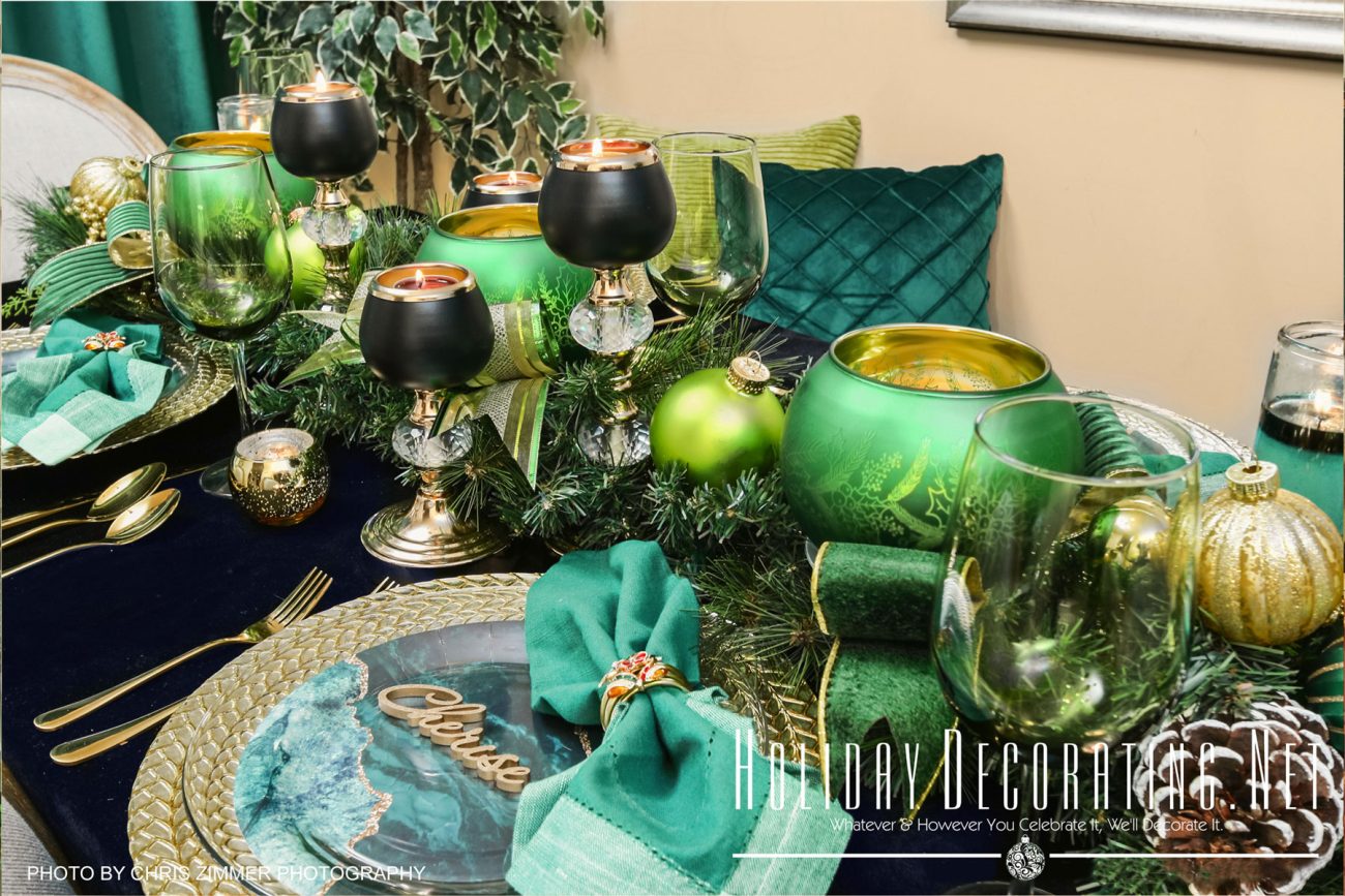 Dining Room Table Decorated In Shades Of Green For Christmas