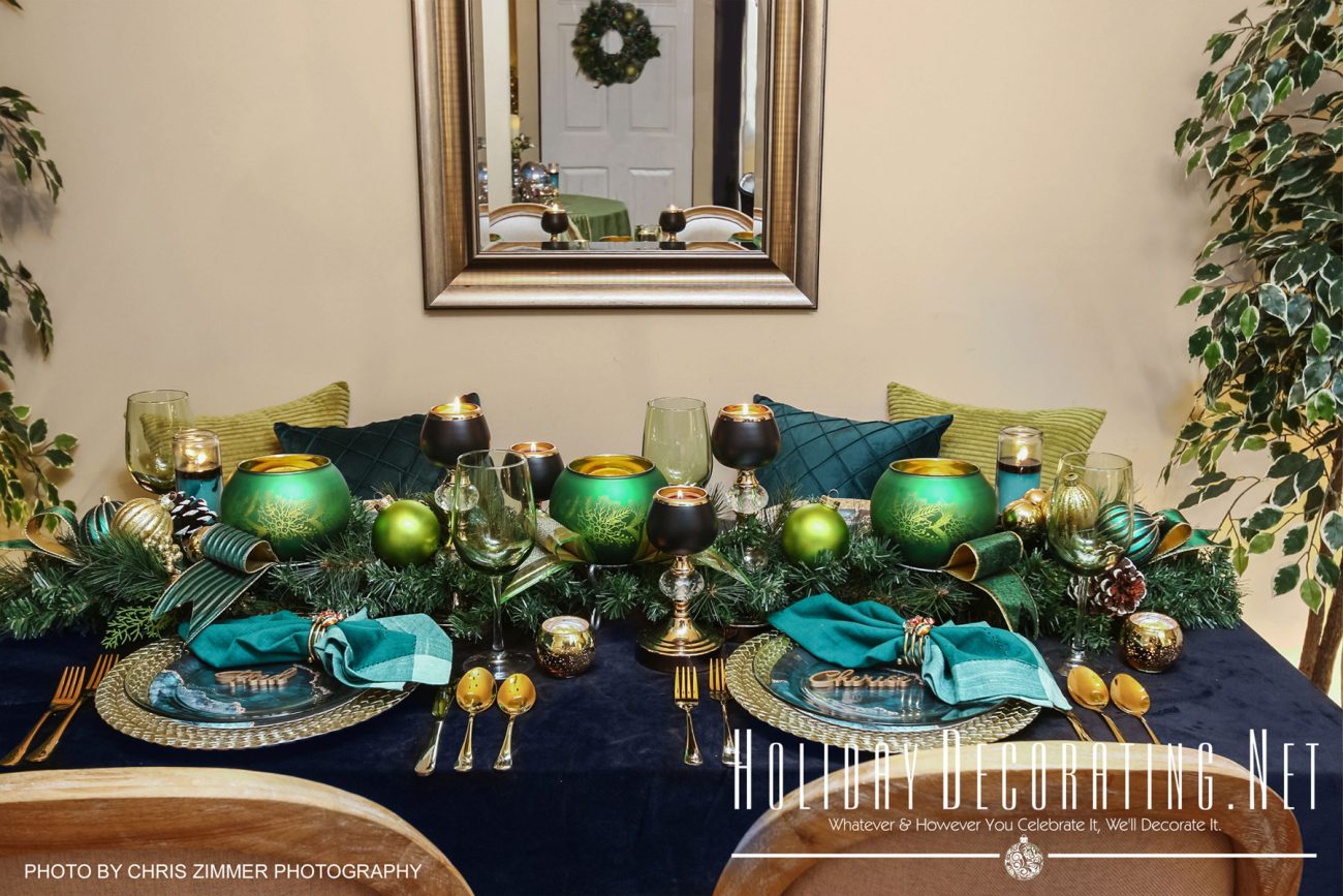 Dining Room Table Decorated In Shades Of Green For Christmas